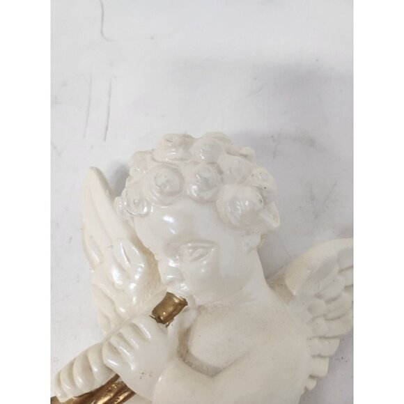 Vintage Large Cherub Angel Playing Trumpet Wall Hanging Ceramic White Figurine - Picture 3 of 6